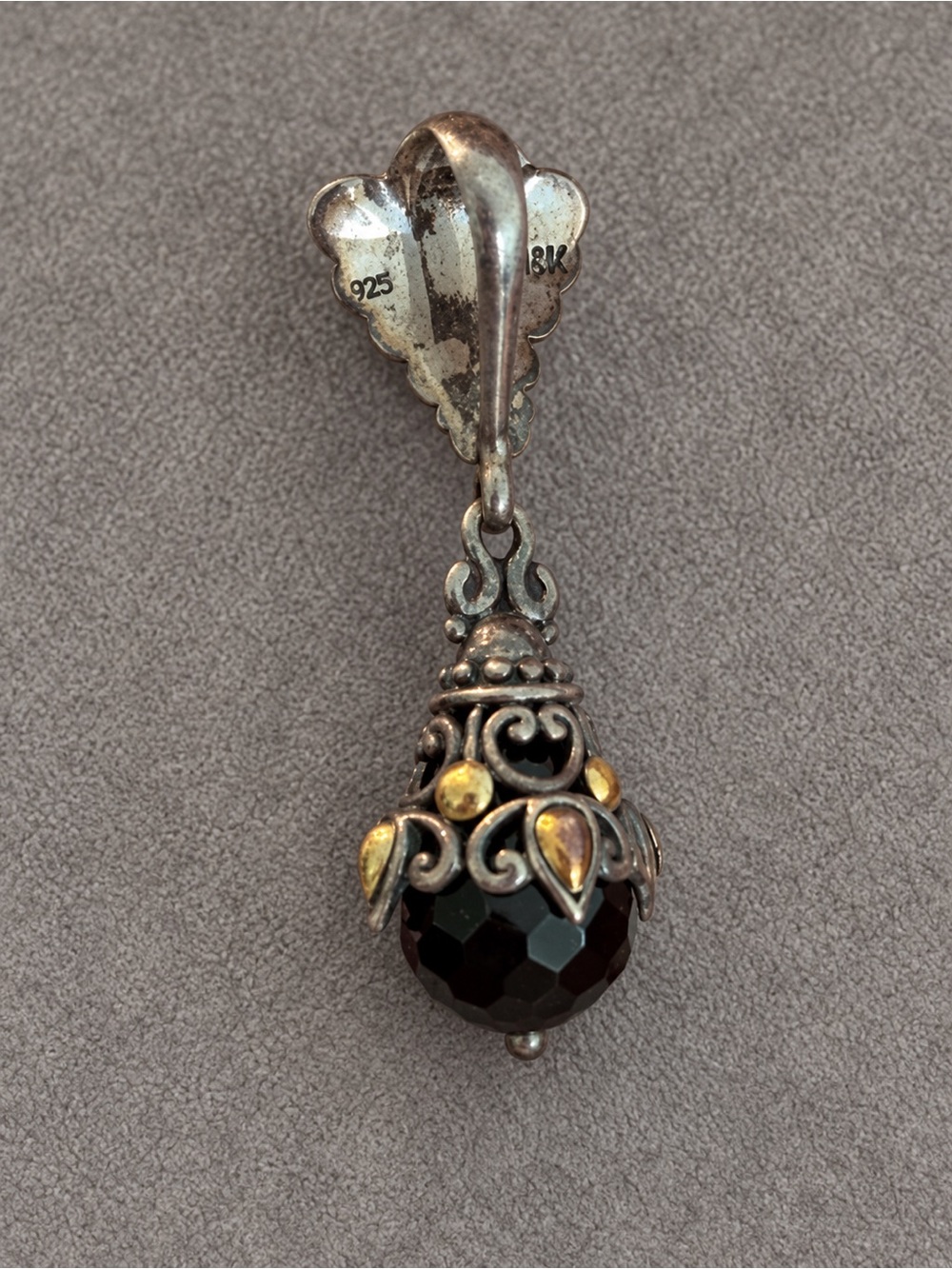 925 Sterling Silver 18K Gold Black Gemstone Bali Style Pendant. NECKLACE NOT INC - Picture 6 of 9